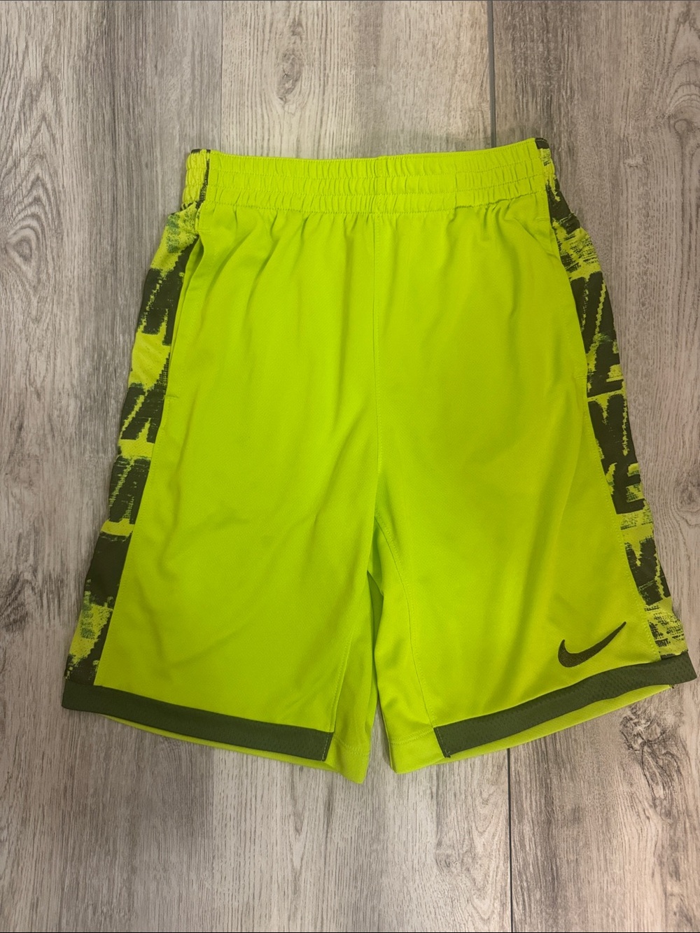 Nike Kids Neon Yellow-Green Athletic Shorts with Olive Accents